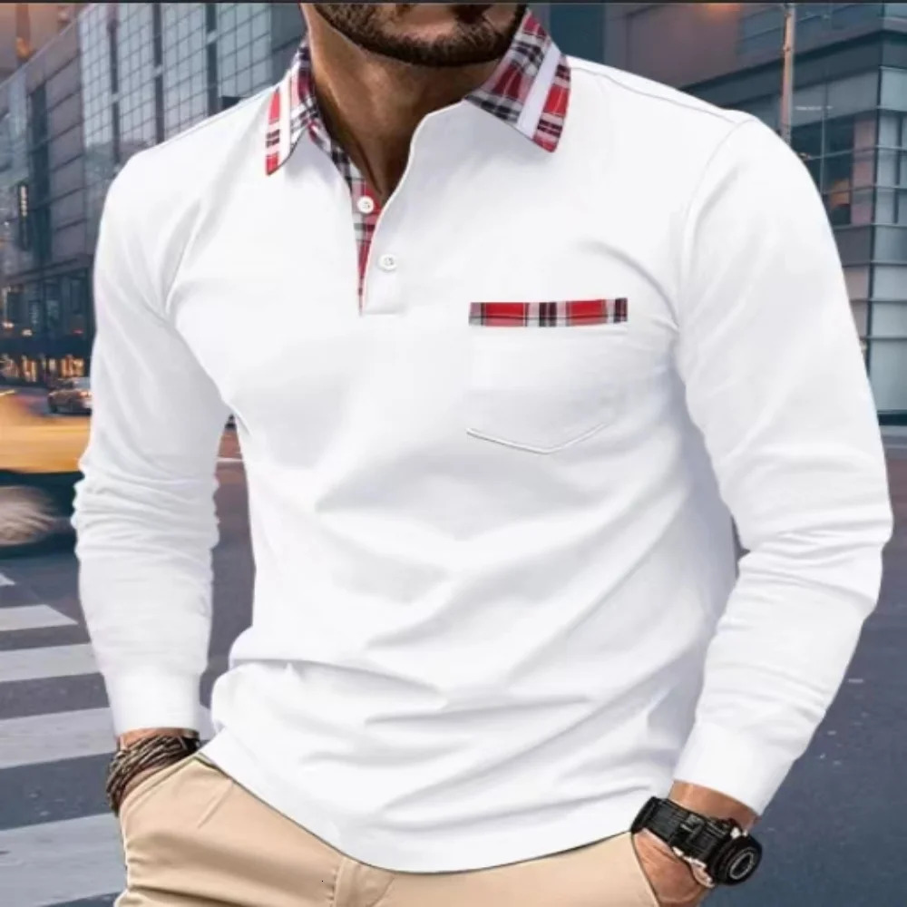 Men's Polos SpringAutumn Men Long Seeved Polo Shirt Casual Sports Shirt Pure Color Red checked collar T-Shirt Fashion Breathable Men Cothing 2312