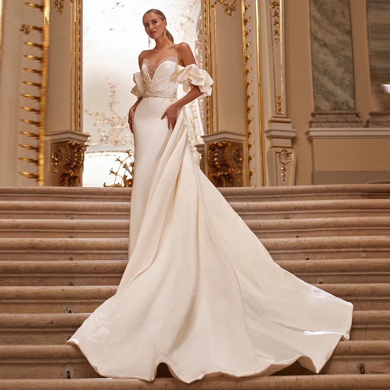 Sexy Mermaid Wedding Dresses Scoop Beaded Pearls Illusion Button Satin Bridal Gown Detachable Train Sleeves Vestidos YD