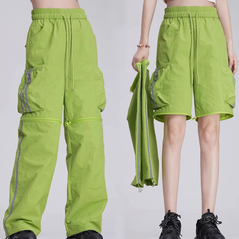 Women's Pants Capris Summer Pants Women Removable Shorts Reflective Strips Quick Drying Pants Hip Hop Straight Wide Leg Trousers Female Streetwea