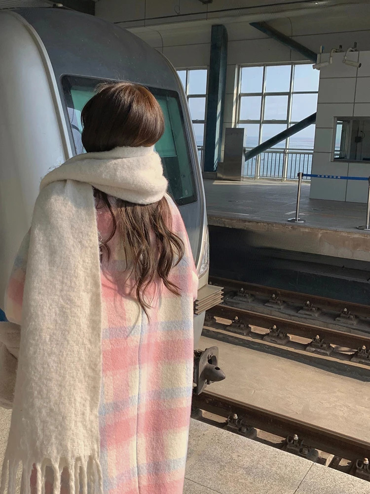 Women's Wool Blends Winter Rainbow Woollen Overcoat Women Casual Plaid Long Coats Office Lady Y2k Clothing Korean Fashion Trench Coats Jacket 231