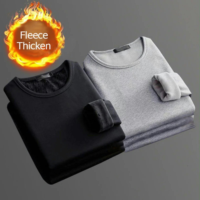 Men's Thermal Underwear HAic S 2PCS Winter Longsleeved Plus Velvet Tshirt ONeck Solid Color Slim Retro Long Sleeve 231212