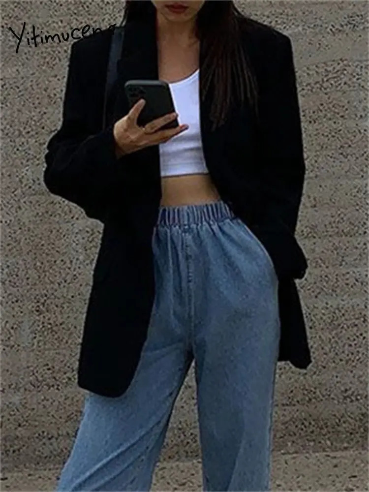 Womens Suits Blazers Yitimuceng Black Oversized for Women Korean Fashion Single Breasted Chic Coats Office Ladies Casual Jacket 231213