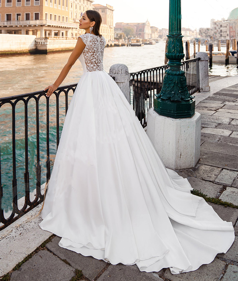 A-Line Satin Wedding Gown For Bride Trendy Jewel Off-Shoulder Hollow Covered Button Classic Applique Lace Sweep Train