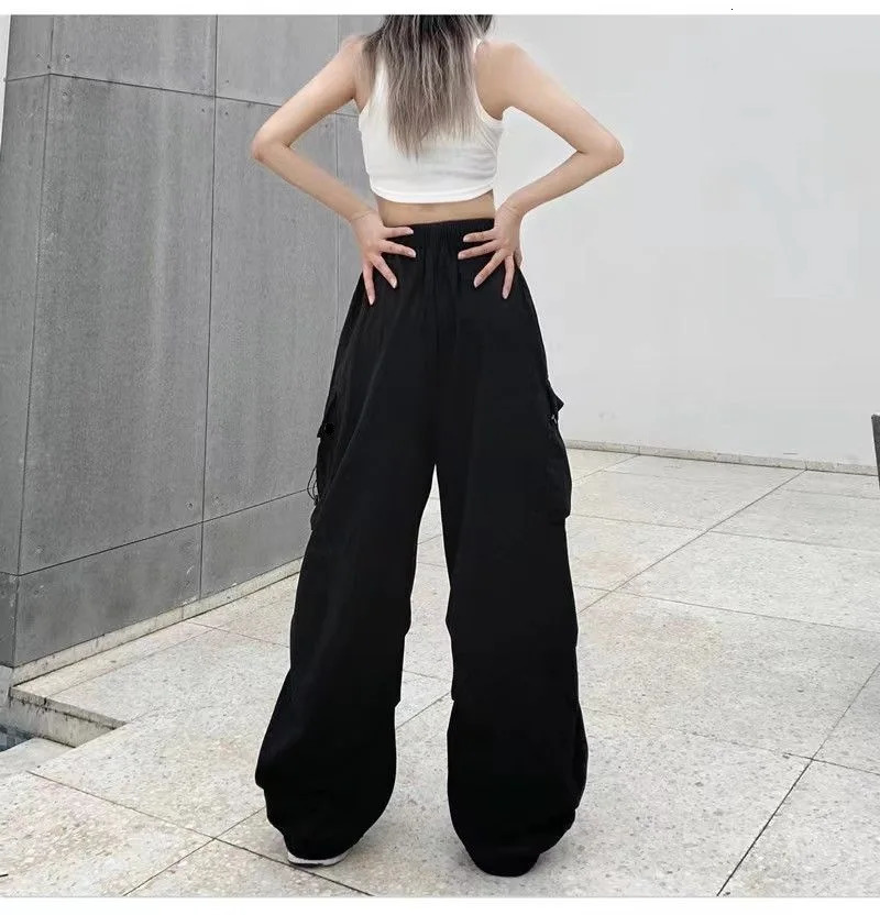 Women's Pants Capris Y2K Cargo Pants Straight Wide Leg Drawstring Trousers Women Oversize Jogger Kpop High Waisted Breathable Solid Color Sweatpa