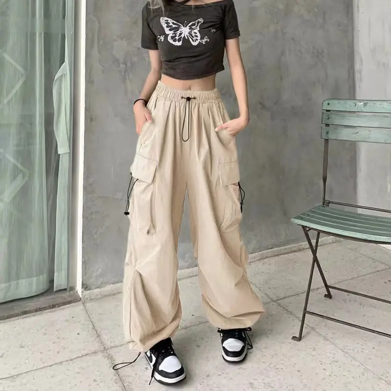 Women's Pants Capris Y2K Cargo Pants Straight Wide Leg Drawstring Trousers Women Oversize Jogger Kpop High Waisted Breathable Solid Color Sweatpa