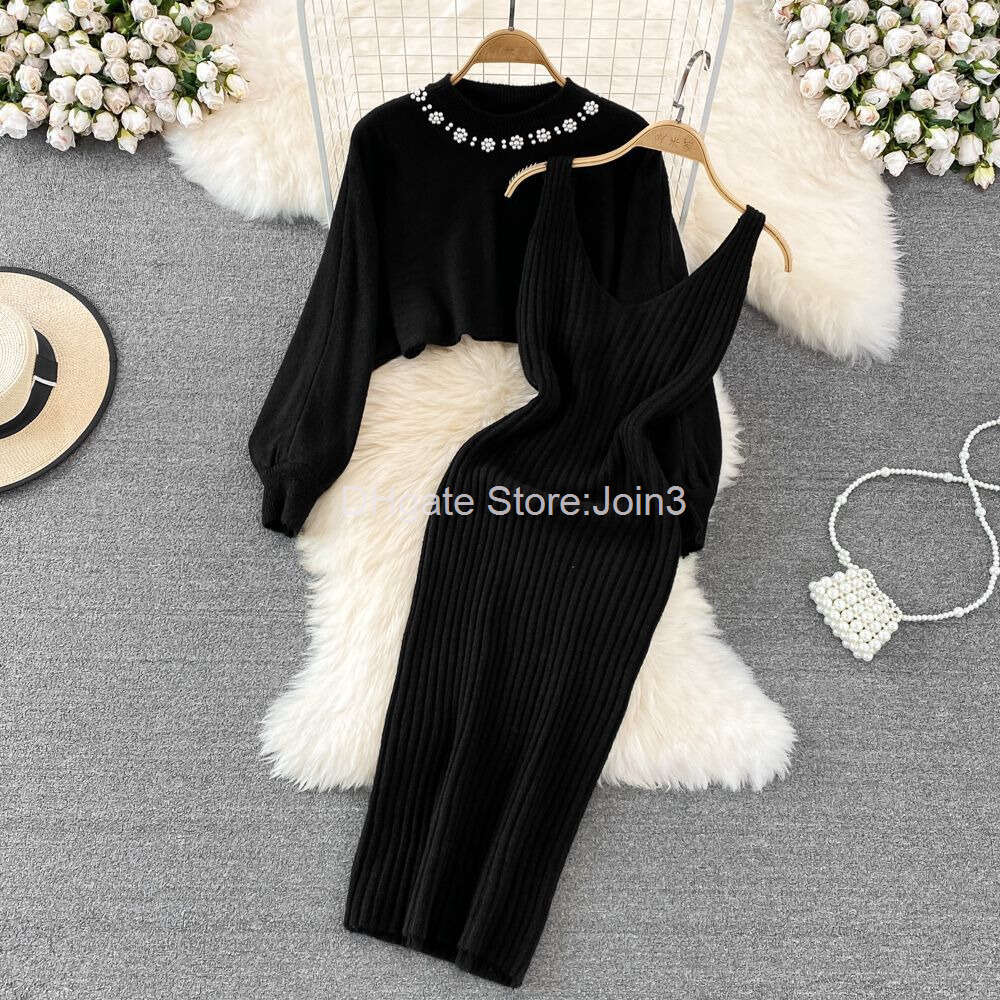 New Summer Two Piece Dress Sweater Set Casual Pullovers Suits Slip Dress For Women Slim Solid Autumn Winter Knitted Long Sleeve Elegance Elastic Sweet