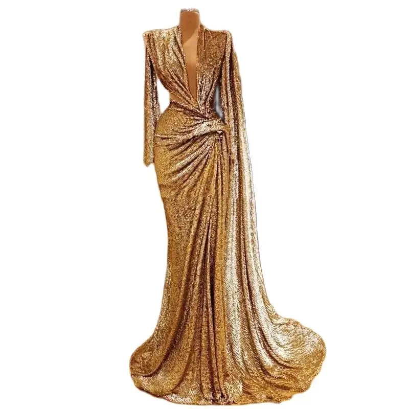 Gold Sequined Mermaid Evening Dresses Long Sleeves Ruched Deep V Neck Prom Dress Dubai African Formal Party Gowns Vestidos de gala