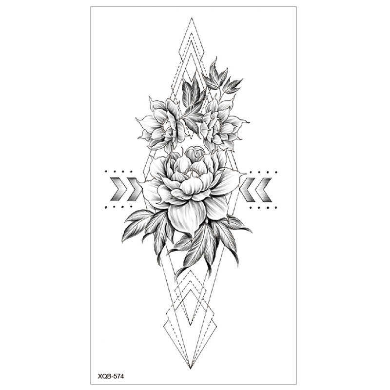 New sketched flower arm tattoo sticker with black and white hand drawn Sanskrit waterproof half