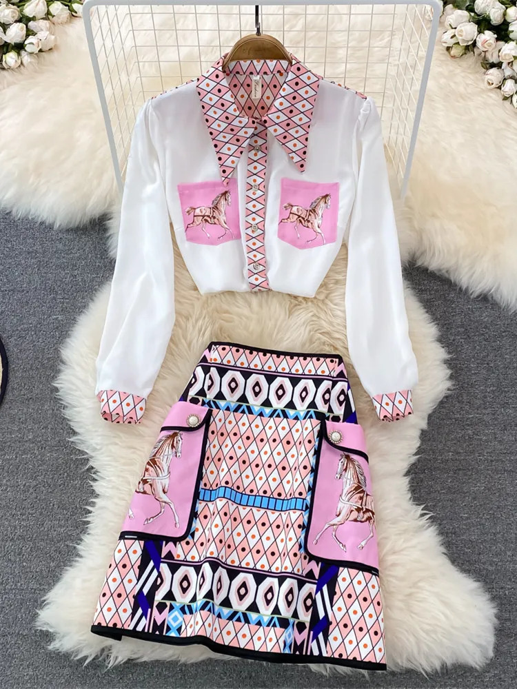 Two Piece Dress Fashion Runway Summer Skirt Suit Women's Horse Geometry Print Blouse And A Line Pocket Buttons Skirt 2 Two Piece Set 231213