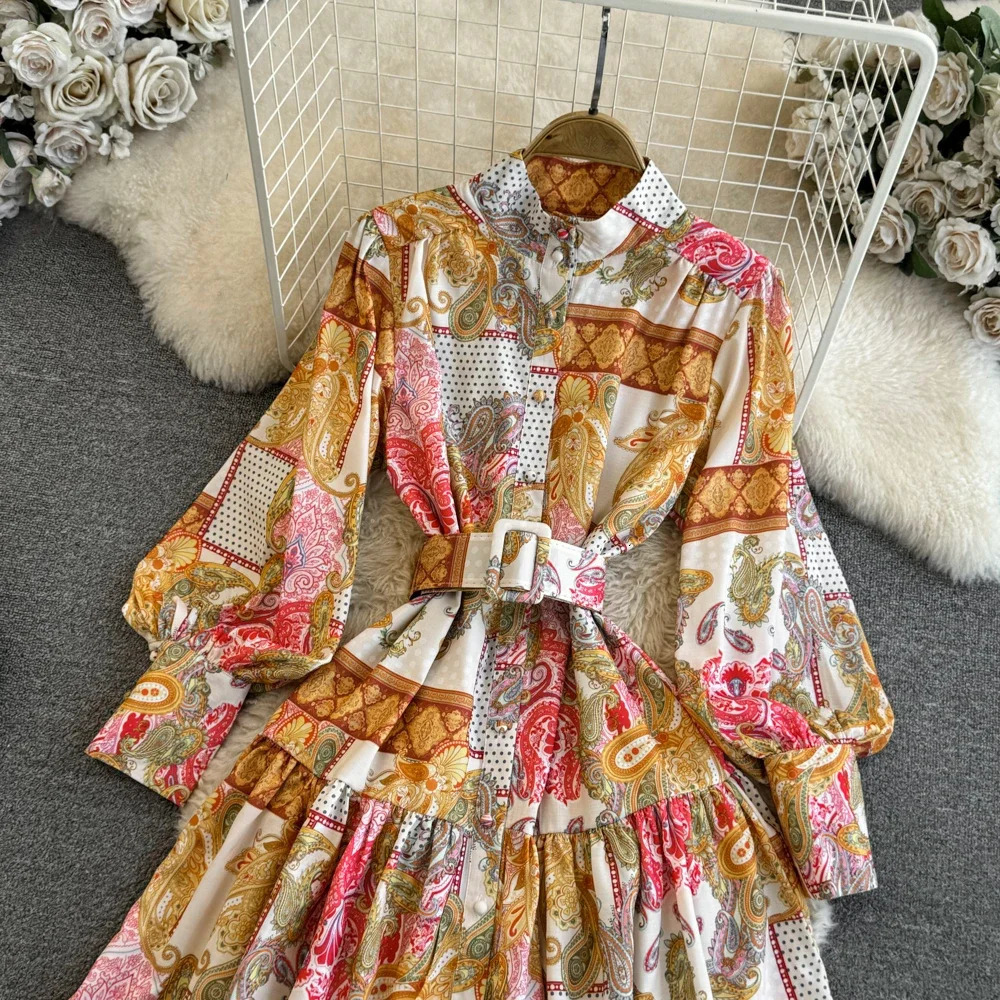 Basic Casual Dresses Chic Print Lapel Lantern Sleeve Single Breasted Dress Aline Vacation Party Dres Fashion Autumn Spring Vestidos 231212