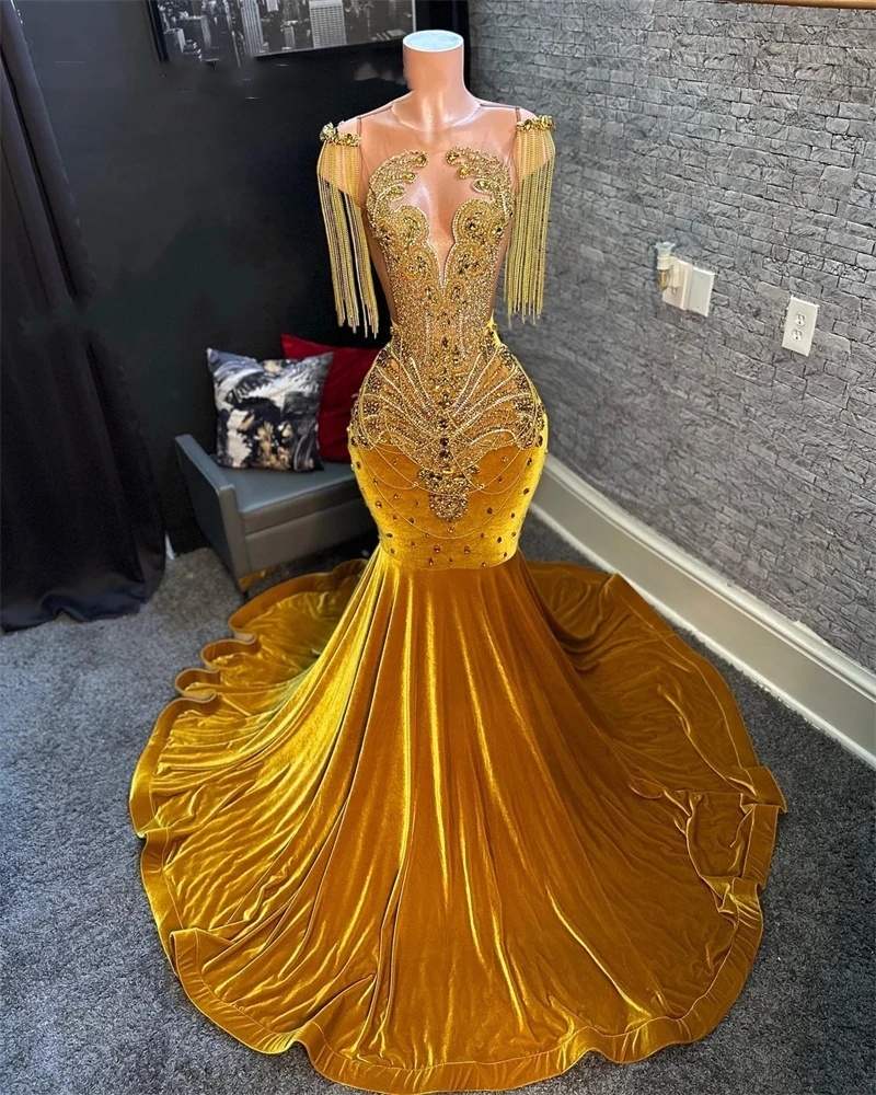2024 Gold O Neck Evening For Black Girls Beaded Crystal Birthday Party Gowns Mermaid Tassel Long Prom Dresses Robe De Bal New