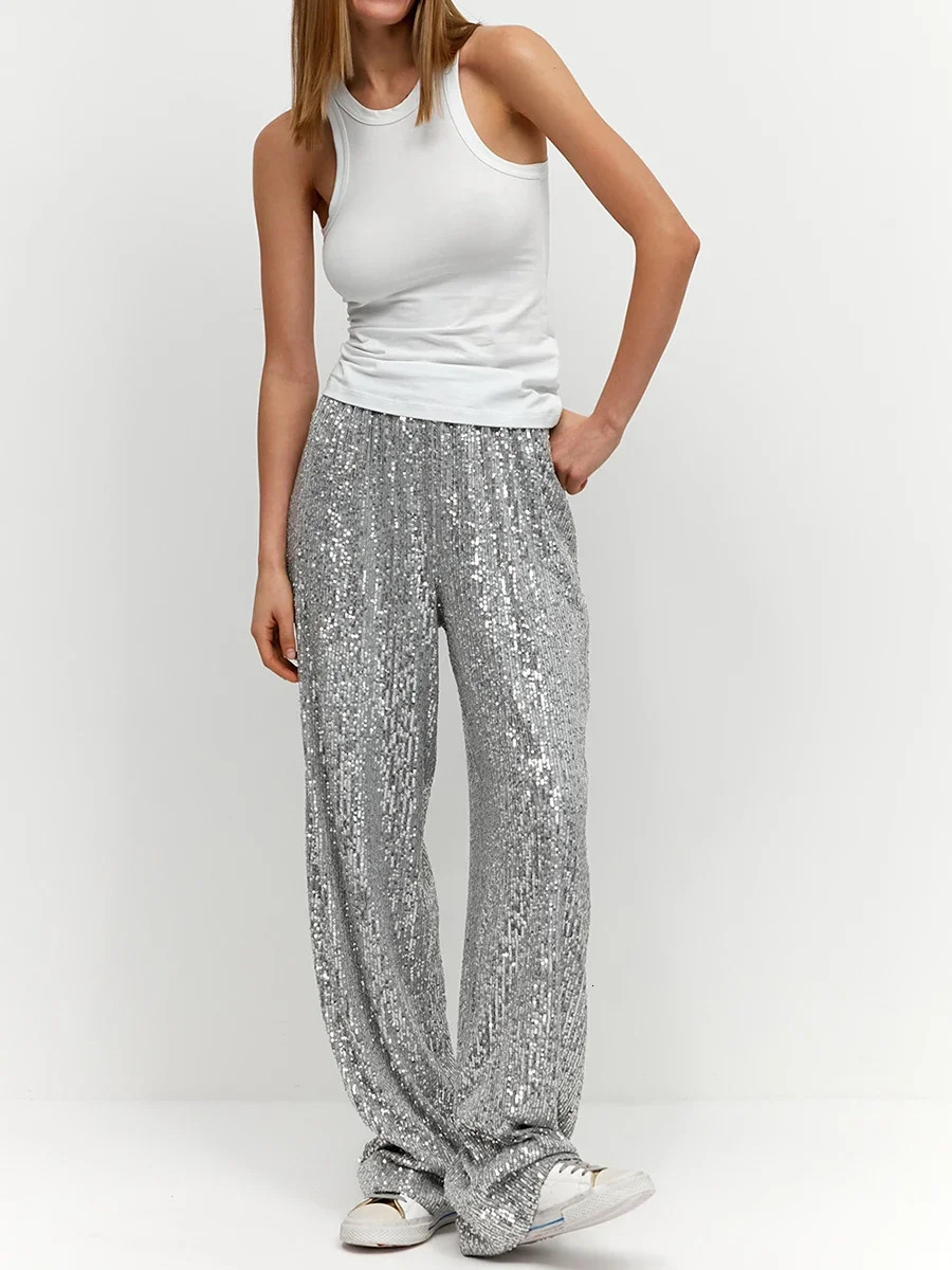 Women's Pants Capris Sumuyoo Elegant Silk Sequins Women Pants Midi Waist Loose Long Pants Streetwear Classic Trousers Fashion Female Clothing 231