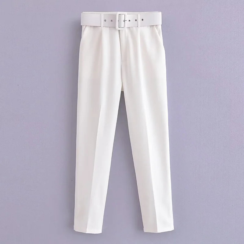 Women's Two Piece Pants Slim Fitting Waistband Straight Leg Pants with Belt High Waisted Casual Pants Women Yellow Cropped Pants Chic Soild Pants