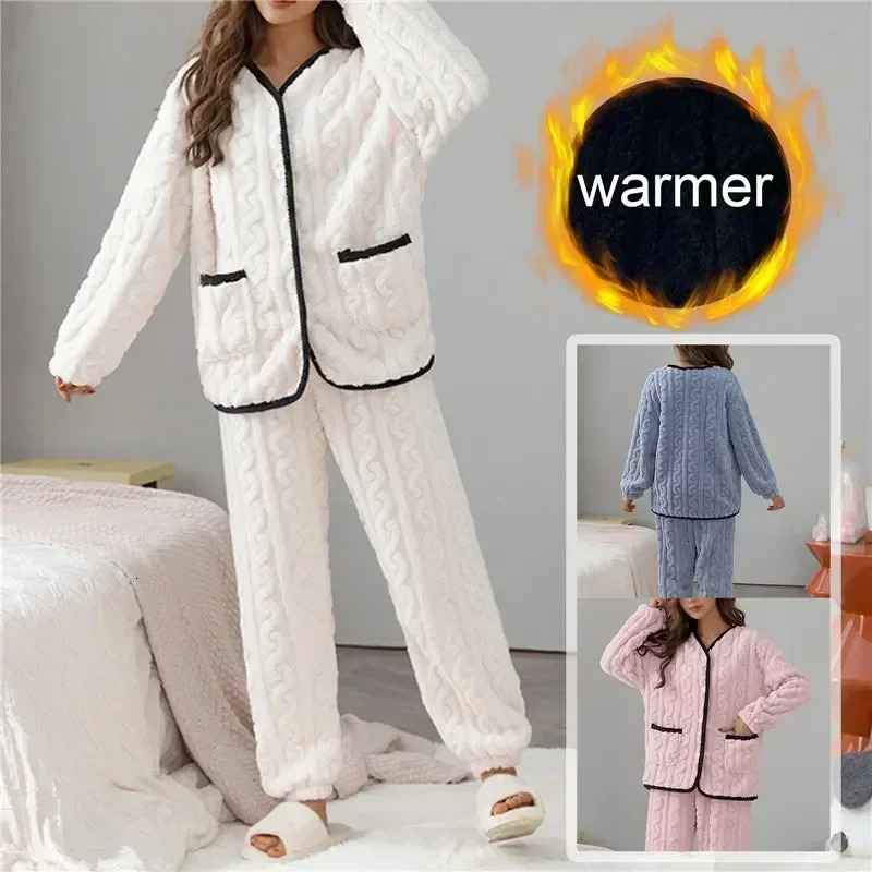 Women Thick for Set Flannel Pijamas Winter Sets Warm Pajamas Pyjamas Fleece Coral Long Pajama Sleepwear Girl 231227