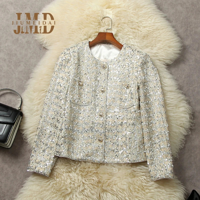 Womens Jackets Women Spring Autumn Woolen Jacket Office Lady Sequins ONeck Coat Vintage Elegance Outwear Femme Fashion Clothing 231212