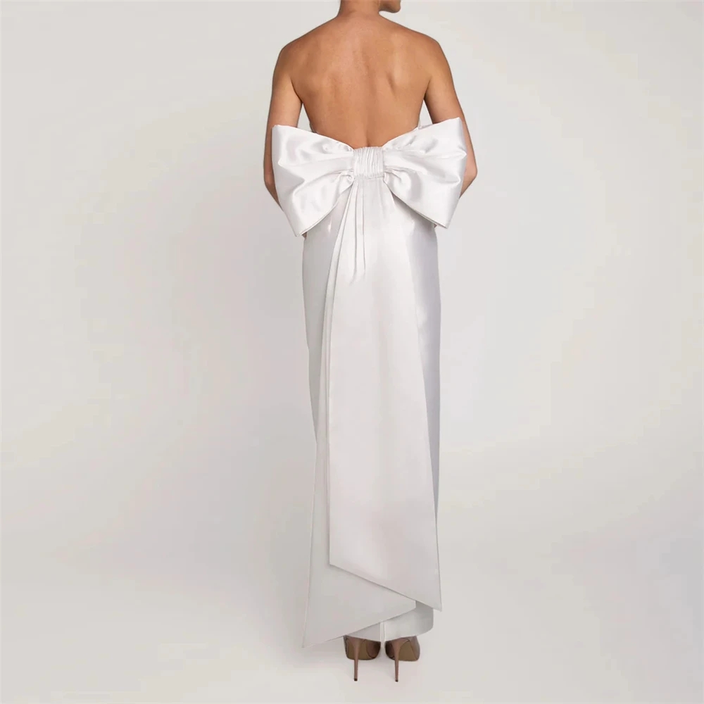 2025 Elegant White Prom Dress Long Big Bow Backless Strapless Simple Satin Pageant Evening Dresses Formal Gowns Robe De Soiree