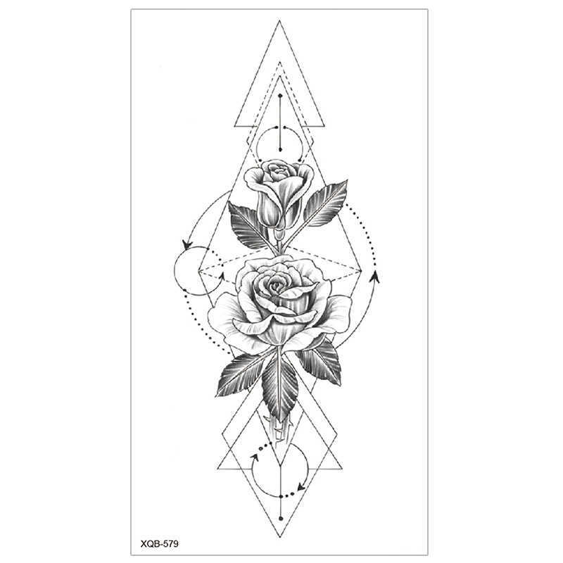 New sketched flower arm tattoo sticker with black and white hand drawn Sanskrit waterproof half
