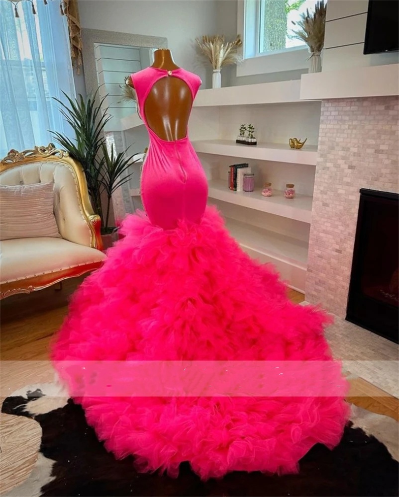 O Neck Pink 2024 Evening for Black Girls Beaded Crystal Birthday Party Gowns Mermaid Ruffles Long Prom Dresses Robe De Bal
