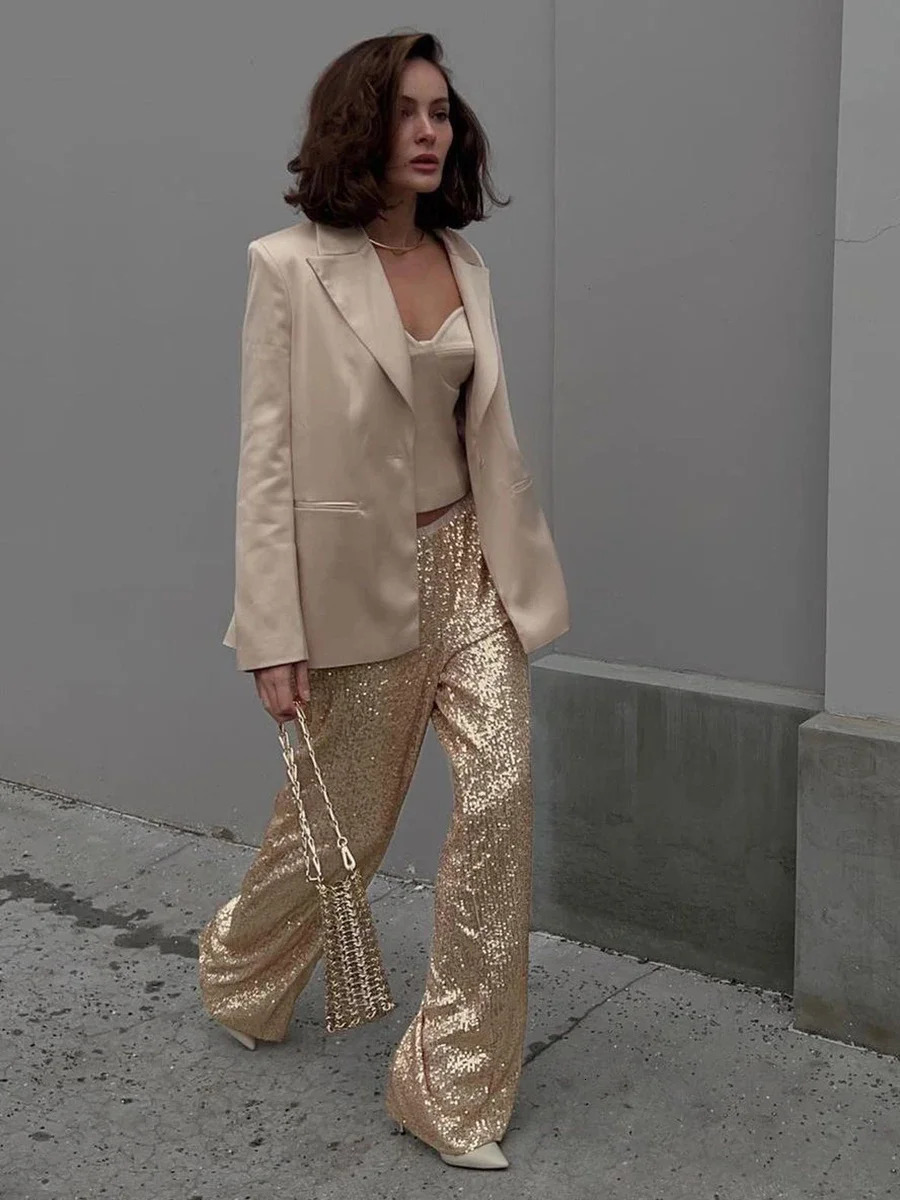 Women's Pants Capris Sumuyoo Elegant Silk Sequins Women Pants Midi Waist Loose Long Pants Streetwear Classic Trousers Fashion Female Clothing 231
