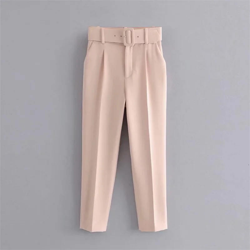 Women's Two Piece Pants Slim Fitting Waistband Straight Leg Pants with Belt High Waisted Casual Pants Women Yellow Cropped Pants Chic Soild Pants