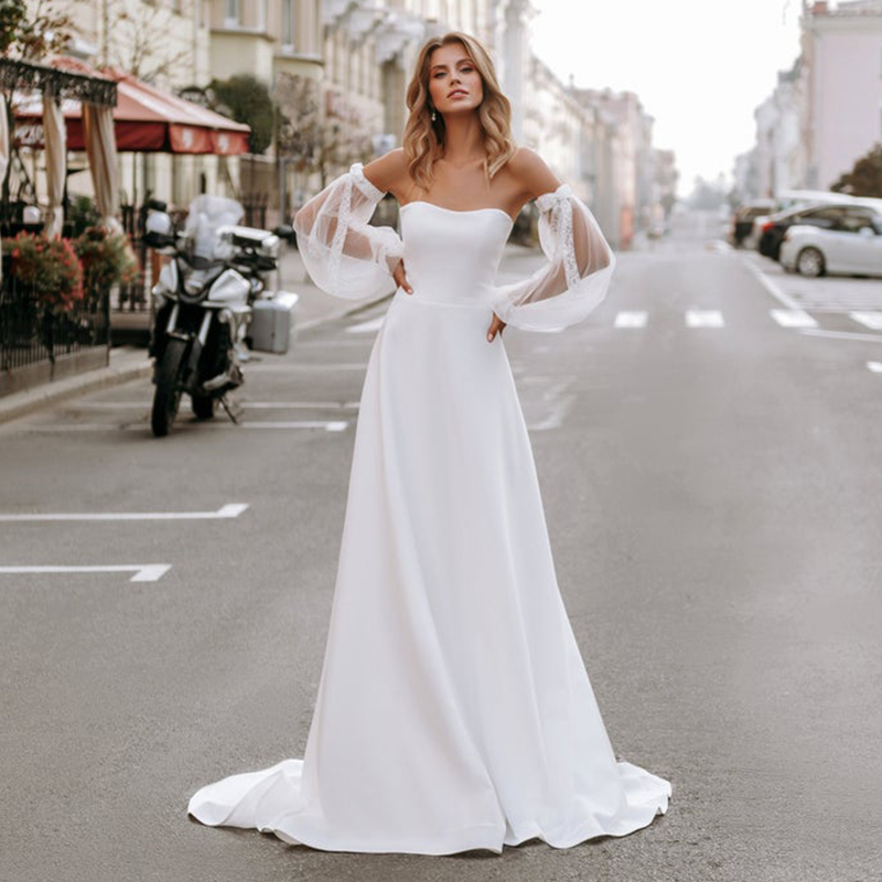 Charming Satin Wedding Dresses For Mariages Poet Strapless A-Line Classic Long Sleeve Backless Sweep Train Zipper