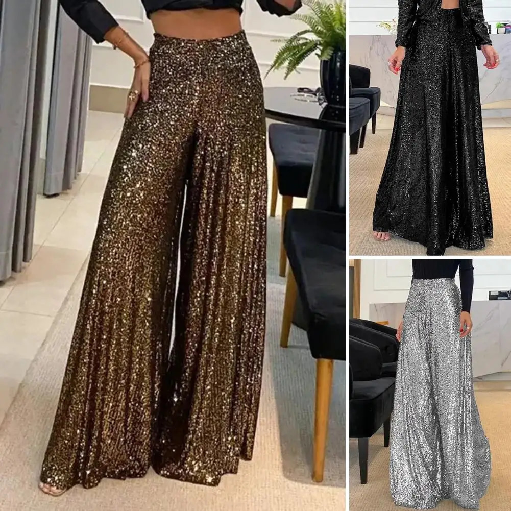 Women's Pants Capris High Waist Elastic Waistband Straight Full Length Women Pants Club Night Sequins Loose Wide Leg Pants 231213