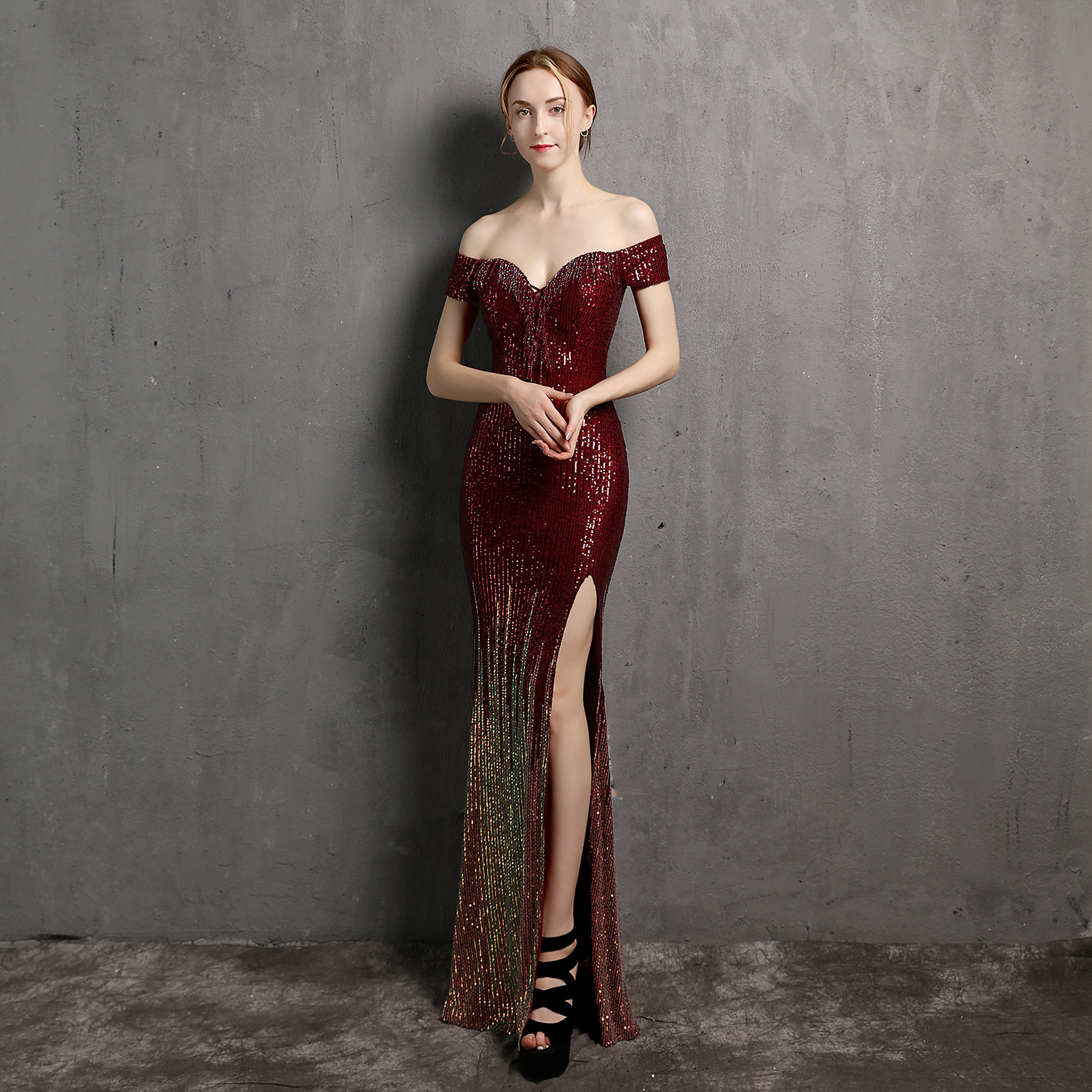 Evening Dresses Wear Sequin Mermaid off Shoulder Illusion Side Split Floor Length Party Dress Prom Gowns Abendkleider
