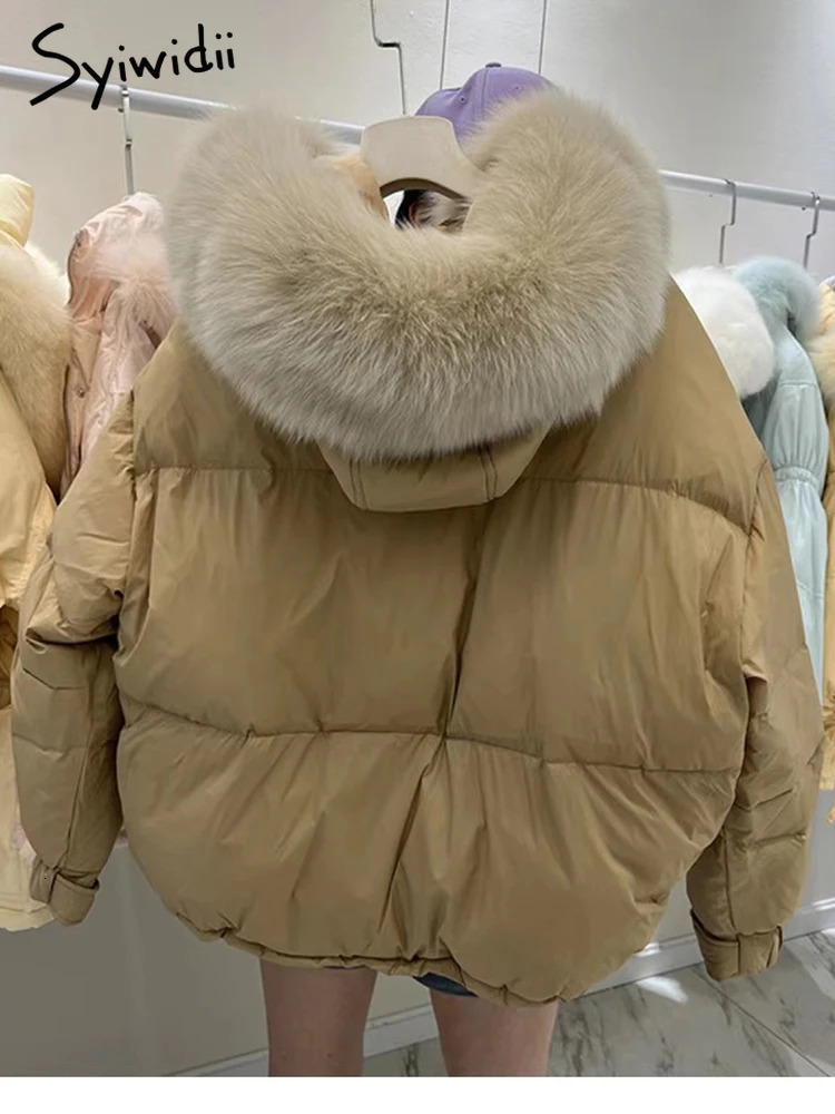 Women's Down Parkas Syiwidii Winter 90 Duck Down Coats for Women Hooded Big Fur Collar Windproof Outerwear Loose Thicken Warm Fashion Puffer Jack
