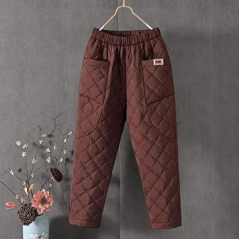 Women's Pants Capris Winter Baggy Down Cotton Harem Pants Warm Elastic High Waist Women Casual Pants Snow Wear Thick Ankle-length Solid Trousers 