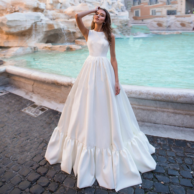 Zipper Fancy Sleeveless Wedding Dresses For Women 2023 Bride Jewel Satin Mordern A-Line Sweep Train Simple Custom Made