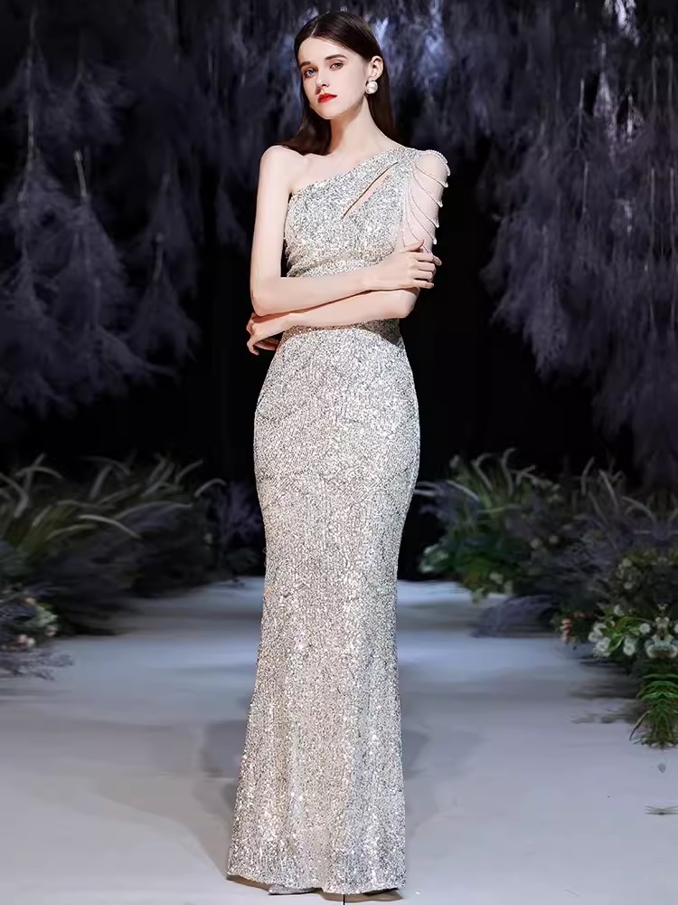 Plus Size Gold Sequins Mermaid Prom Dresses Elegant Evening Gowns One Shoulder Women Sexy Long Dinner Party Formal Gown for Bridemaid