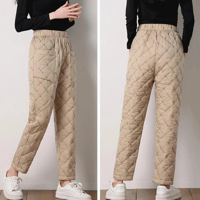 Women's Pants Capris Winter Baggy Down Cotton Harem Pants Warm Elastic High Waist Women Casual Pants Snow Wear Thick Ankle-length Solid Trousers 