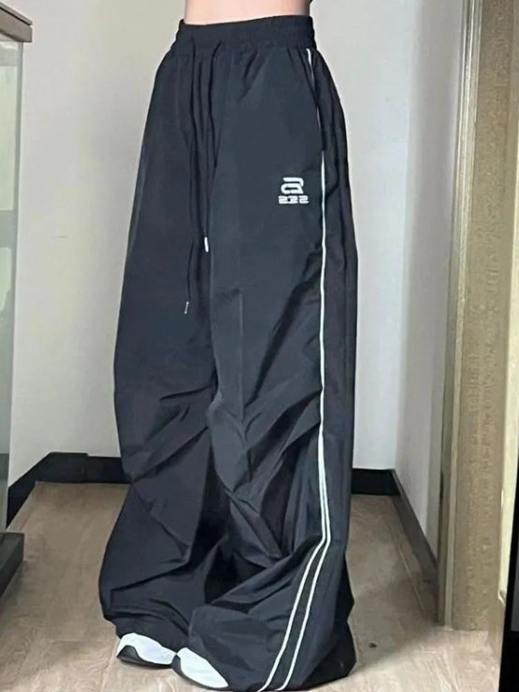 Women's Pants Capris HOUZHOU Black Wide Leg Parachute Pants Women Vintage 90s Oversized Casual Trousers Female Gorpcore Harajuku Fashion Streetwe