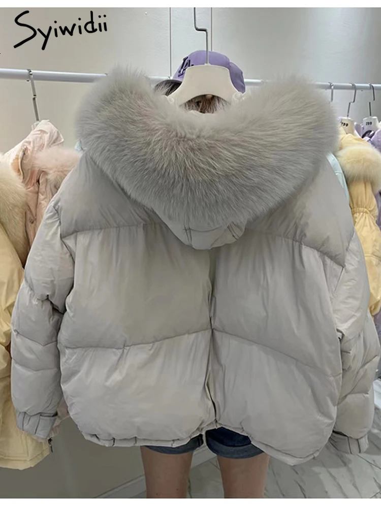 Women's Down Parkas Syiwidii Winter 90 Duck Down Coats for Women Hooded Big Fur Collar Windproof Outerwear Loose Thicken Warm Fashion Puffer Jack