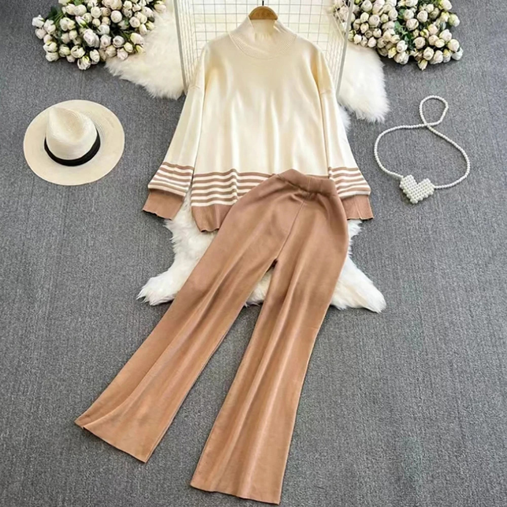 Elegant O-neck Side Slit Pullover Long Sleeve Sweaterwide Leg Pants 2 Piece Sets Womens Autumn Solid Color Casual Sweatshirts 231226