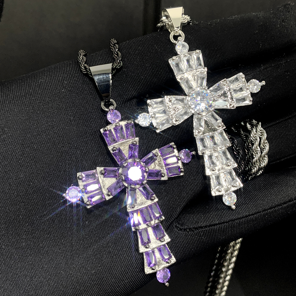 New Designer Purple Zircon Cross Charm Pendant Necklace with Rope Chain Hip Hop Women Men Full Paved 5A Cubic Zirconia Boss Men Gift Jewelry