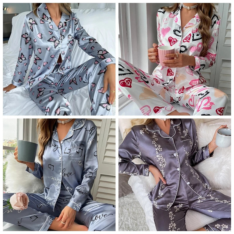 Women's Sleepwear Womens Silk Satin Pajamas Loungewear Twopiece Long Sleeve Soft ButtonDown Pj Set Pijama 231212