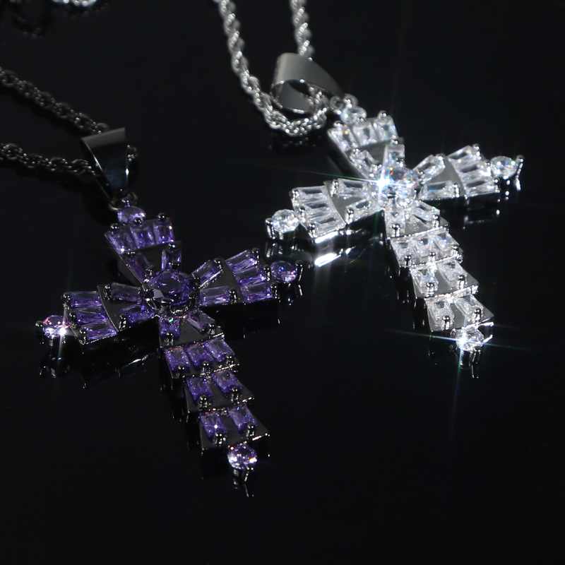 New Designer Purple Zircon Cross Charm Pendant Necklace with Rope Chain Hip Hop Women Men Full Paved 5A Cubic Zirconia Boss Men Gift Jewelry