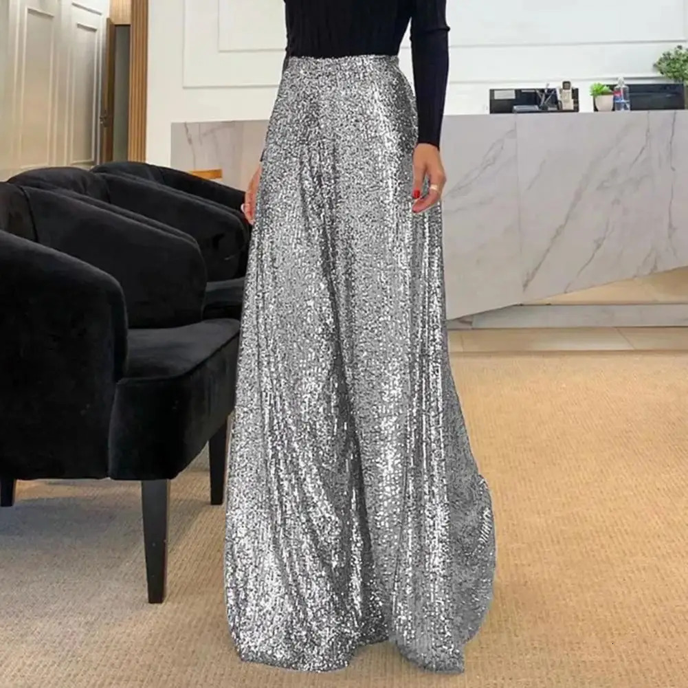 Women's Pants Capris High Waist Elastic Waistband Straight Full Length Women Pants Club Night Sequins Loose Wide Leg Pants 231213