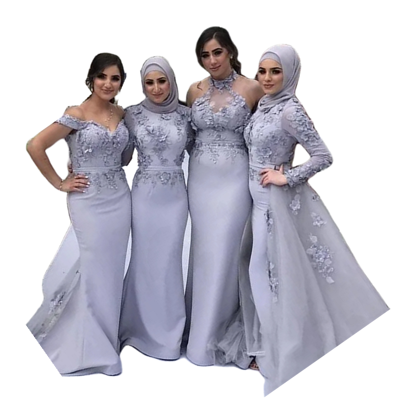 Elegant Long Sleeves Mermaid Bridesmaid Dresses With Detachable Skirt 3D Flower Appliques Long Wedding Guest Formal Party Gowns High Neck Muslim Eveni