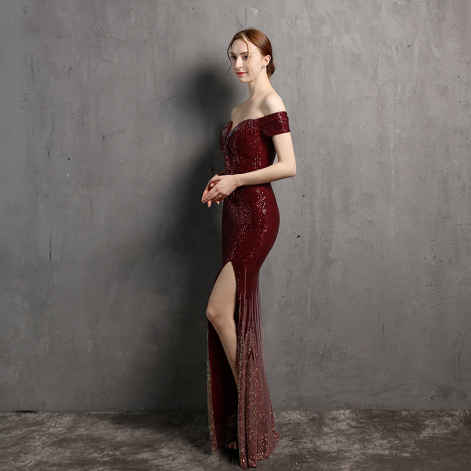 Evening Dresses Wear Sequin Mermaid off Shoulder Illusion Side Split Floor Length Party Dress Prom Gowns Abendkleider