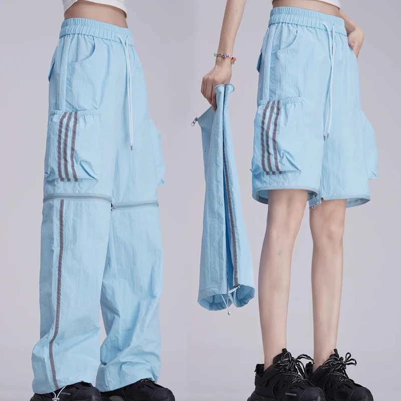 Women's Pants Capris Summer Pants Women Removable Shorts Reflective Strips Quick Drying Pants Hip Hop Straight Wide Leg Trousers Female Streetwea