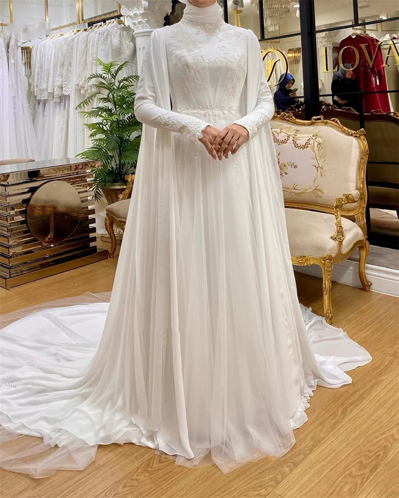 Muslim Elegant A Line Wedding Dresses for Bride High Neck Chiffon Abaya Robe Long Sleeves Hijab Islamic Bridal Gown with Cape baya