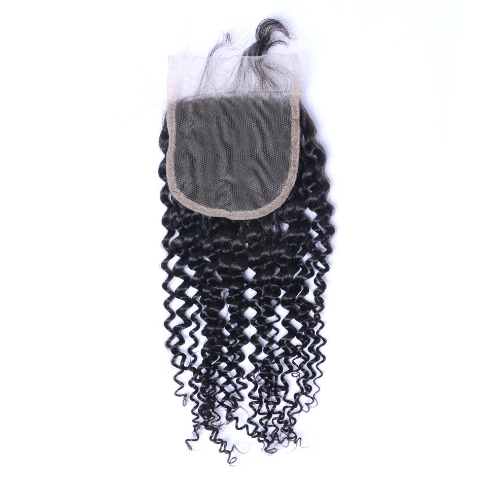 Brazilian Kinky Curly Human Virgin Hair 3 Bundles With 4x4 Lace Closure Bleached Knots 100g/pc Natural Black Color 1B Double Wefts Hair Extensions