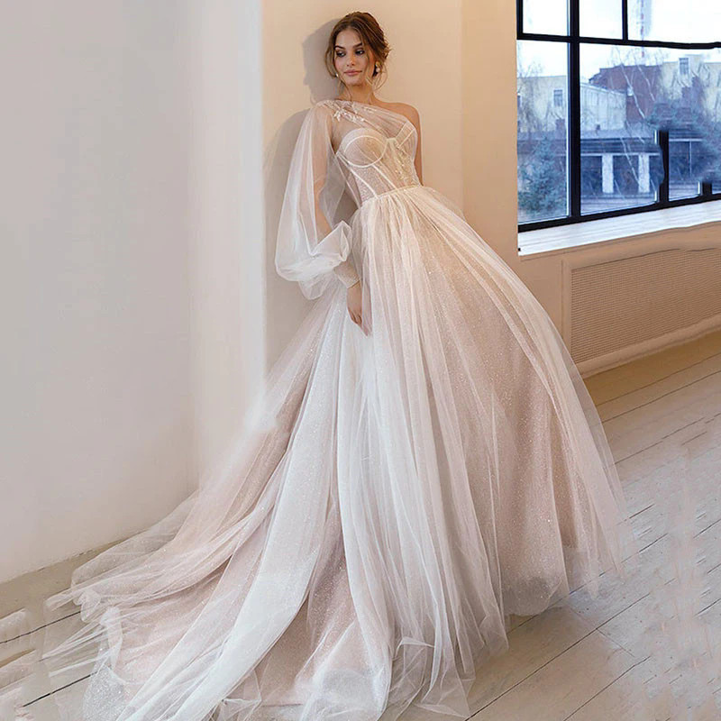 2024 Beach Champagne Wedding Dress A-e One Shoulder Sexy Lace Vestidos Novia Corset Boho Bridal Gowns Robe De Mairee YD 328