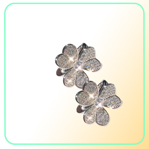 Brand Pure 925 Sterling Silver Earrings 3 Leaf Clover Flower Full Diamond Stud White Gold 925