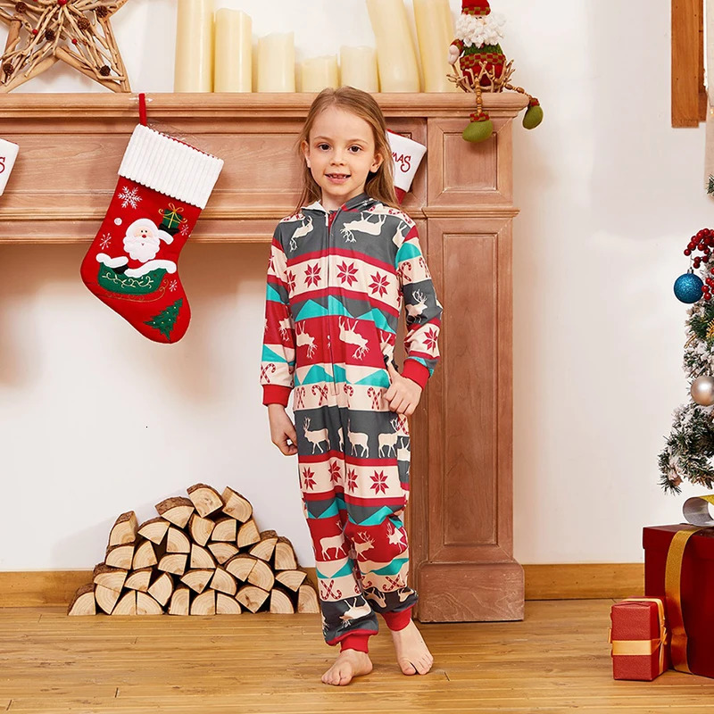 Family Matching Outfits Christmas Onesis Parent-child Sleepwear Jumpsuit Red Elk Print Pattern Long Sleeve Hooded Nightwear Nightclothes Xmas Outfit 2