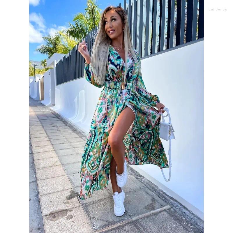 Casual Dresses Elegant Women Corset Bohemian Dress With Belt Y2K Clothes Long Sleeve V Neck High Waist Floral Print Slit Vacation