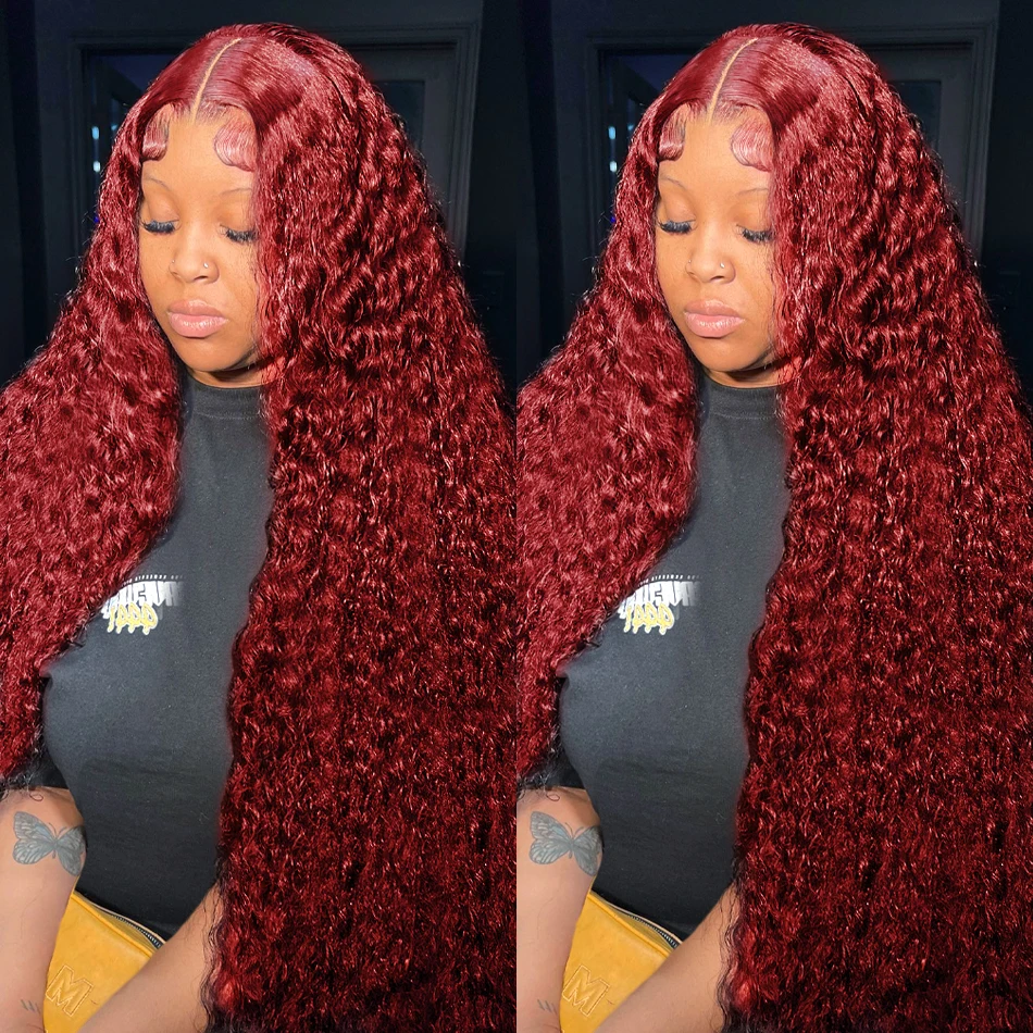 Free shipping 99j Burgandy Deep Wave 13x4 Front Human Hair Wigs Brazilian Remy 180% Red Colored Curly Lace Frontal Glueless Synthetic Wig For Women