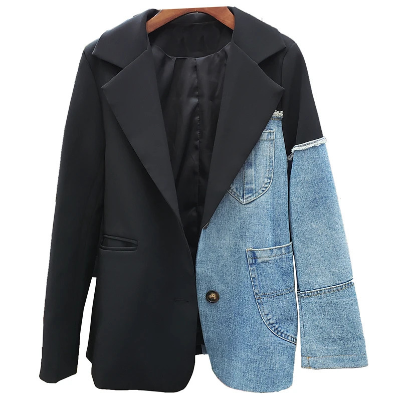 Women's Suits Blazers Denim Spliced Women Blazer Jacket High Quality Single Button Black Suit Jacket Loose Fashion Asymmetry Lady Blazer Coat 231
